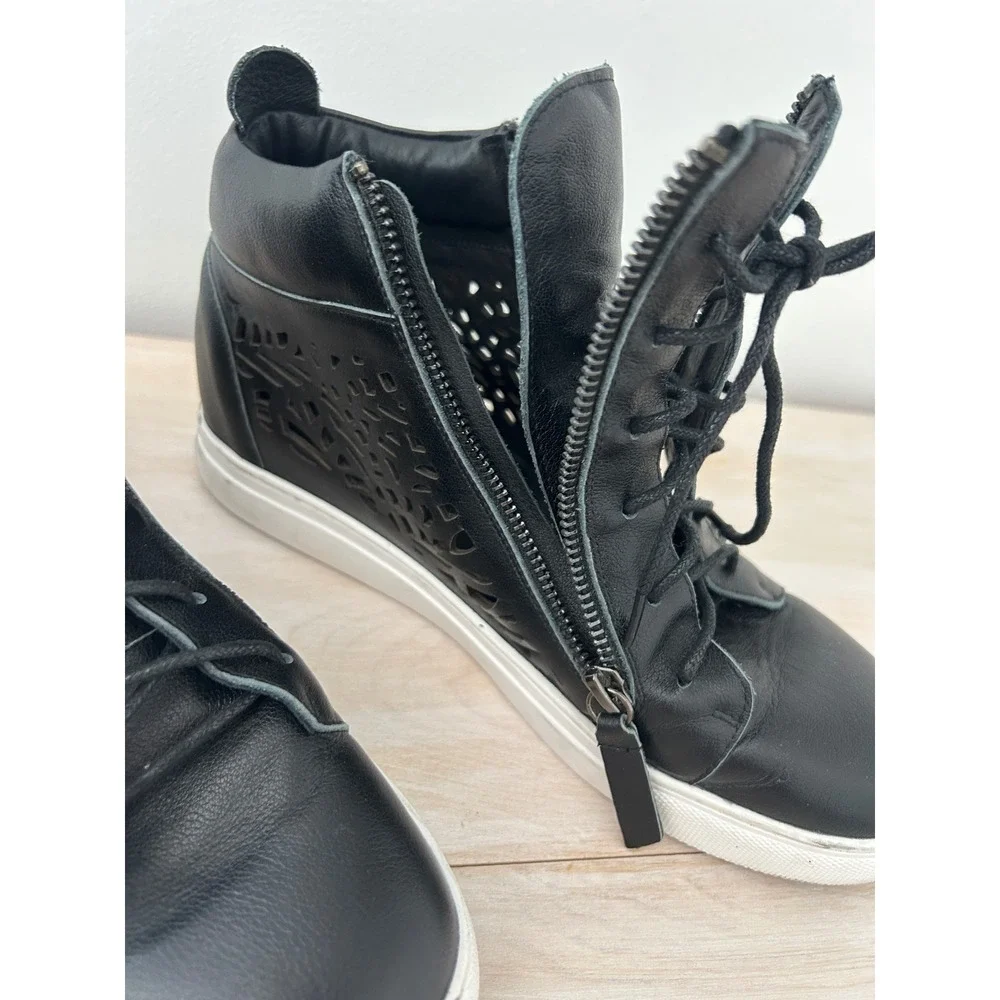 All Black Urban Cut Hi Top Leather Sneakers Laser Cut Zip Black Size 40